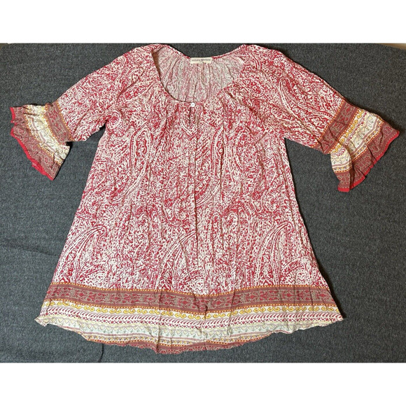 Altar'd State Tops - Altar’d State Shirt Womens Size Medium Red Beige Flowy Flutter Top Cottagecore